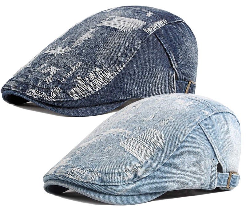 Qunson 2 Pack Mens Denim Cotton Newsboy Cap Ivy Gatsby Driving Hunting Cabbie Hats (D) - Image 1